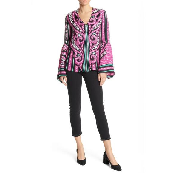 Bob Mackie Tops - Bob Mackie Wearable Art Womens Medium Pink Bell Sleeve Blouse Paisley Geometric